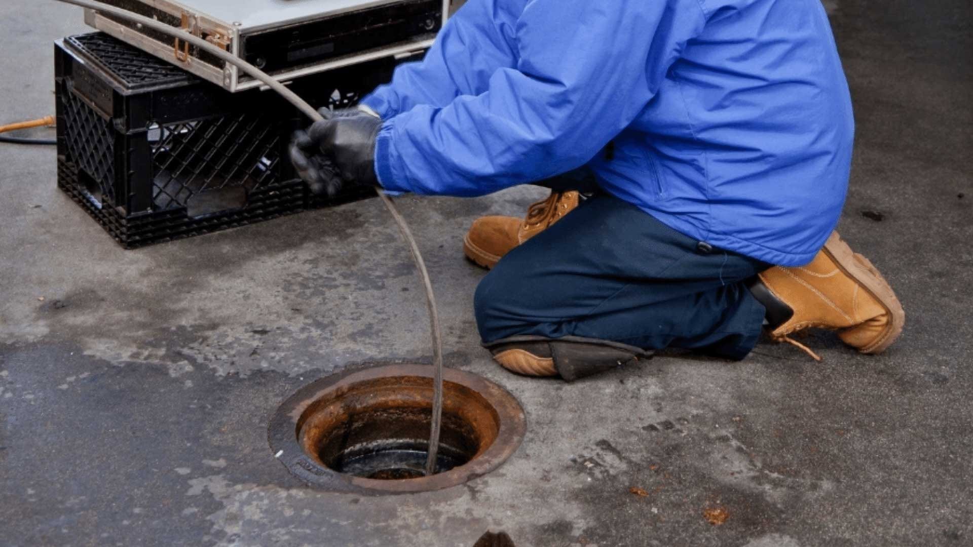 Technician feeding camera equipment into a sewer or septic access opening