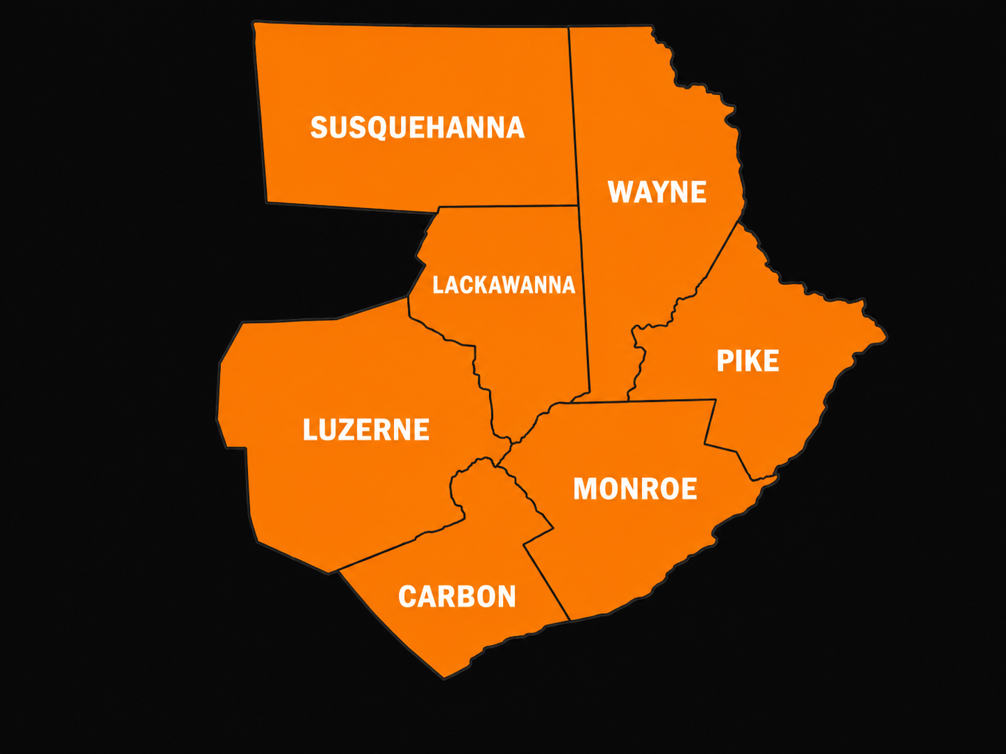 Service area map for Monroe, Pike, Wayne, Luzerne, Carbon, Lackawanna, and Susquehanna counties