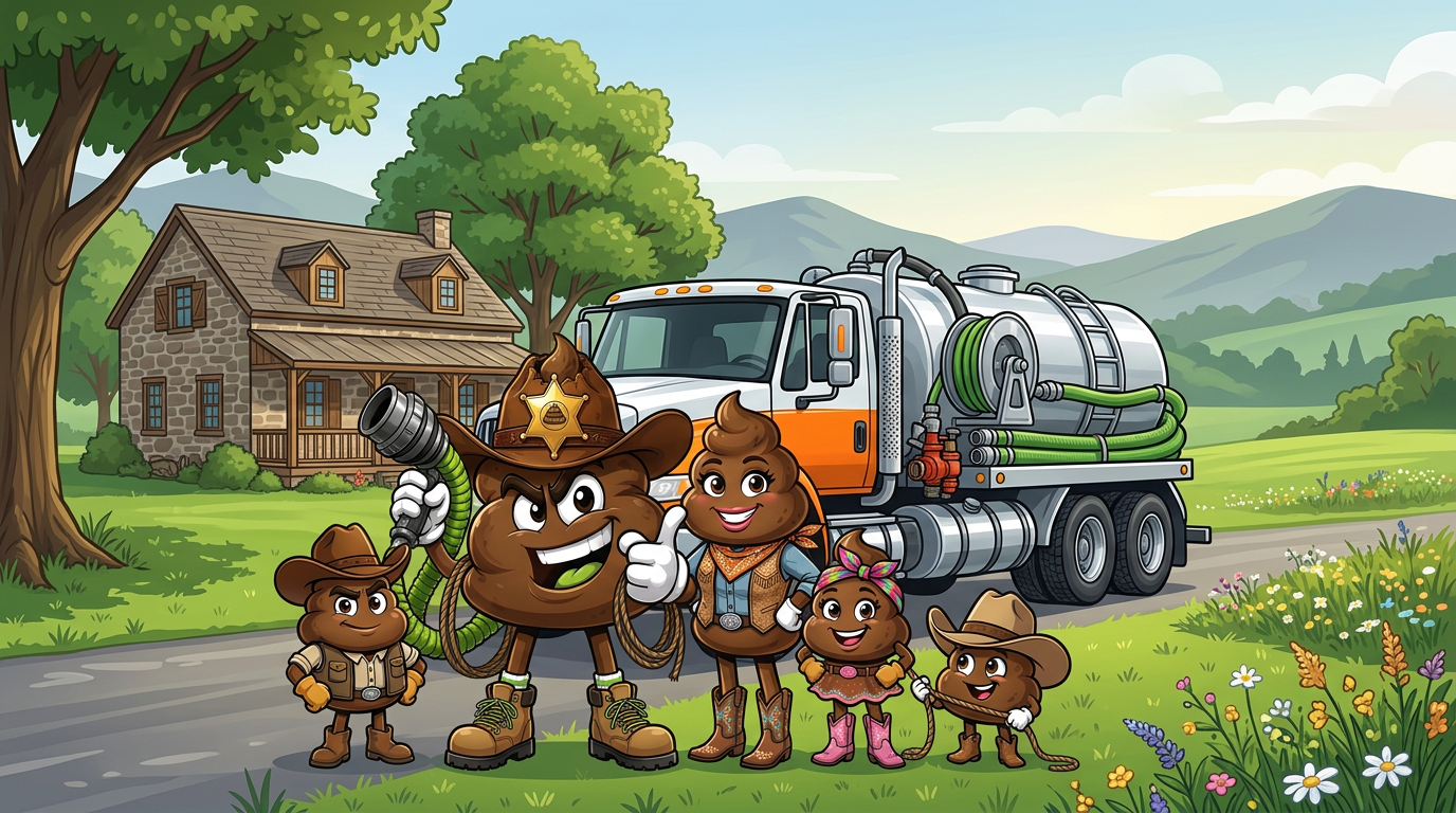 The complete Turd Herd mascot family with their septic truck