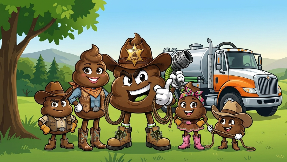 The Turd Herd mascot family standing with the Avalanche Septic service truck